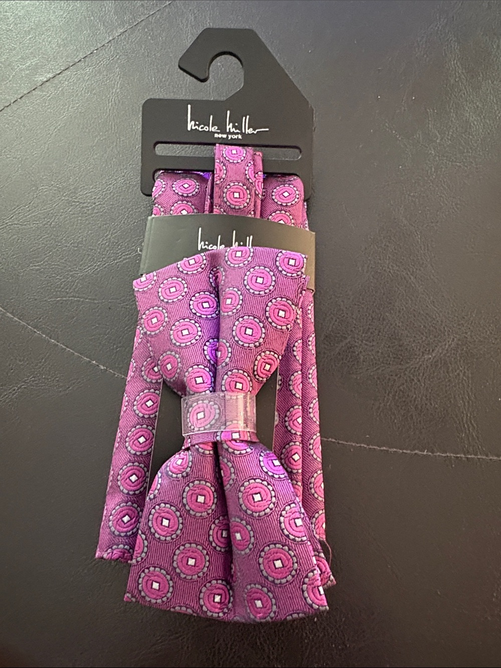 Nicole Miller Purple and Pink Geometric Bow Tie & Pocket Square Set